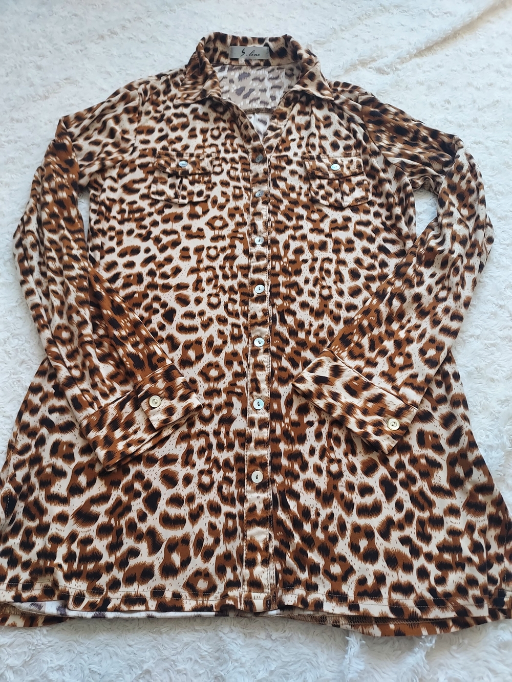 Leopard Print Button-Front Women’s Tunic Top Tab Sleeves Large Longline Stretch